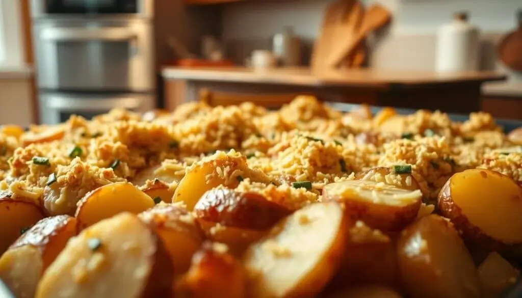 A close-up view of a tray of baked potatoes topped with a golden, crispy cheese and herb mixture, set in a cozy kitchen.