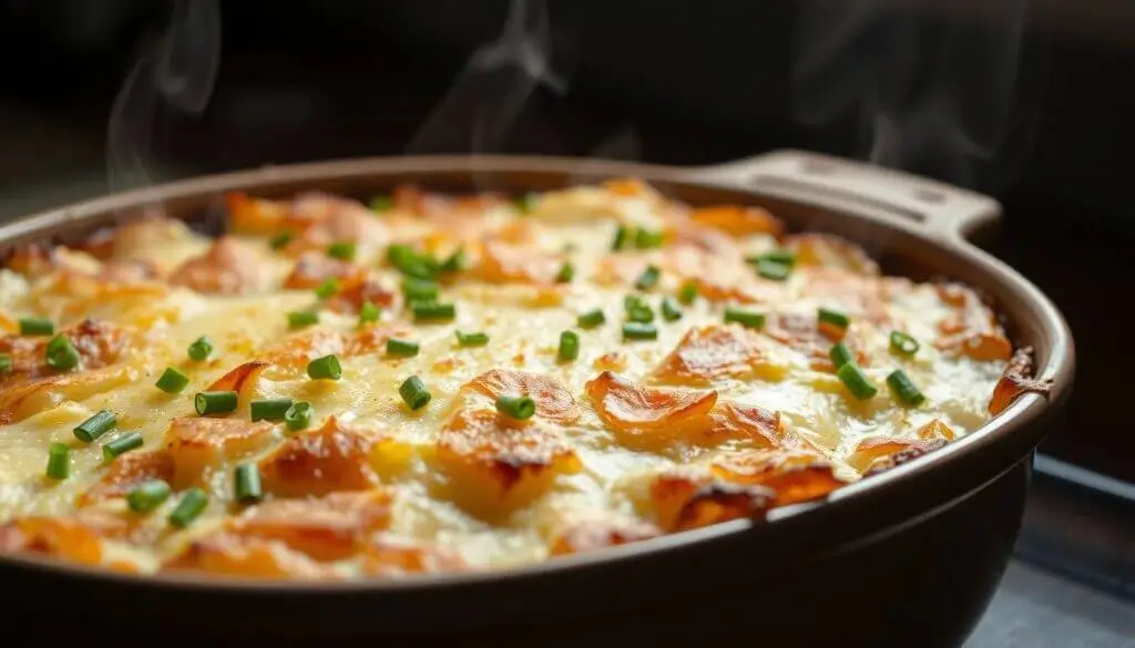 A steaming hot dish of cheesy scalloped potatoes garnished with chopped chives.