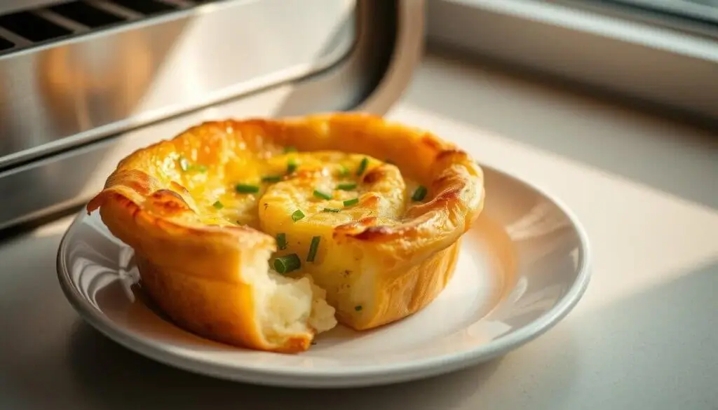 A close-up of a savory pastry on a white plate, garnished with chopped chives, with a toaster in the background.