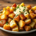 A plate of golden-brown roasted potato cubes topped with melted cheese and garnished with chopped chives.