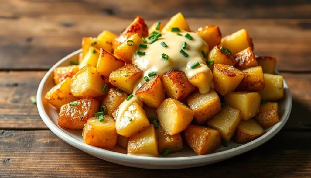 A plate of golden-brown roasted potato cubes topped with melted cheese and garnished with chopped chives.