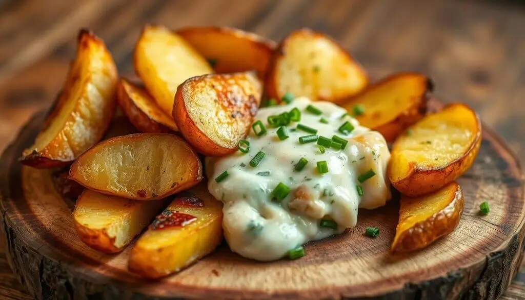 A wooden plate filled with golden-brown roasted potato wedges, garnished with a creamy white sauce topped with chopped chives.