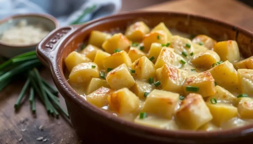 A close-up of a baked potato dish in a brown ceramic dish, garnished with chopped chives.