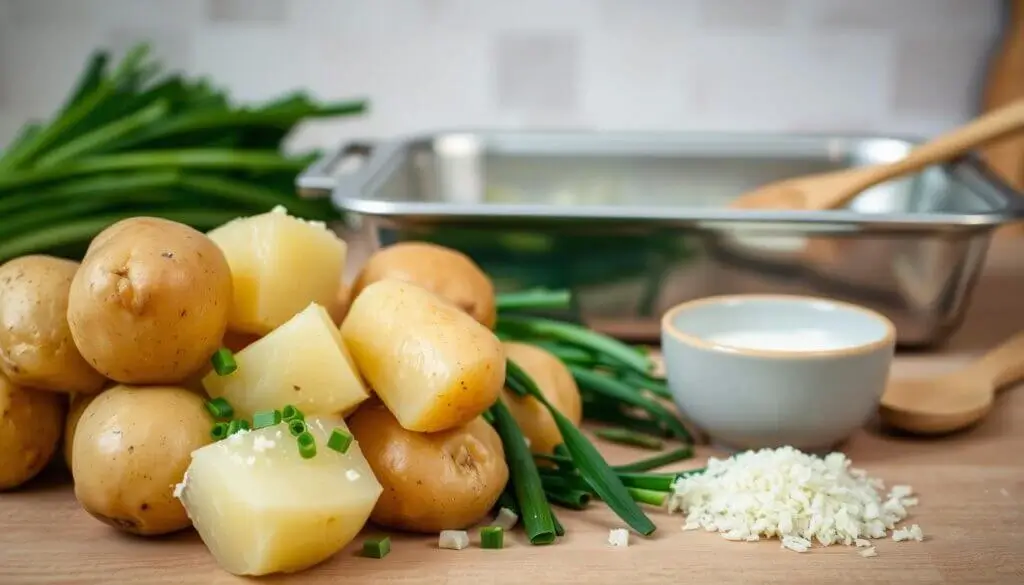 A pile of whole and cut potatoes with chopped green onions, a bowl of salt, and a metal baking tray in the background.