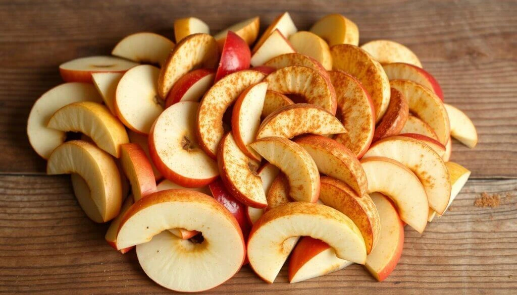 A pile of freshly sliced apples dusted with cinnamon on a rustic wooden surface.