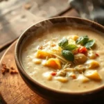 A steaming bowl of creamy soup with chunks of vegetables and pasta, garnished with fresh basil leaves and shredded cheese, placed on a wooden table.