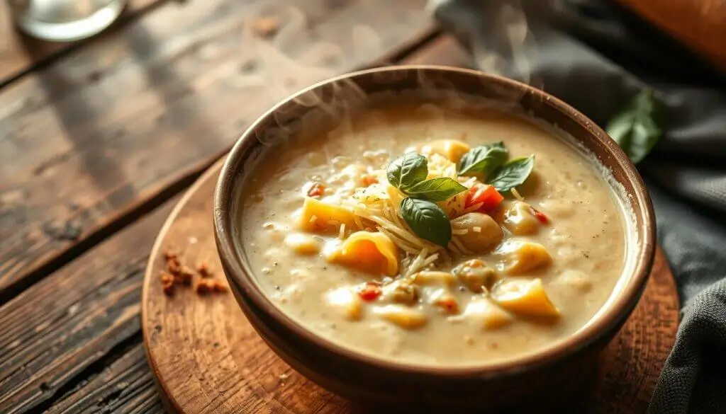 A steaming bowl of creamy soup with chunks of vegetables and pasta, garnished with fresh basil leaves and shredded cheese, placed on a wooden table.