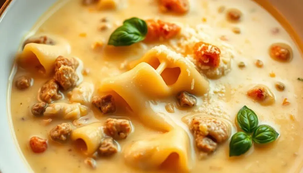 A close-up of a creamy soup with large pasta pieces, chunks of sausage, and garnished with fresh basil leaves.