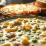 A bowl of creamy chicken noodle soup with peas and carrots, with a basket of bread and a plate of cheesy garlic bread in the background.