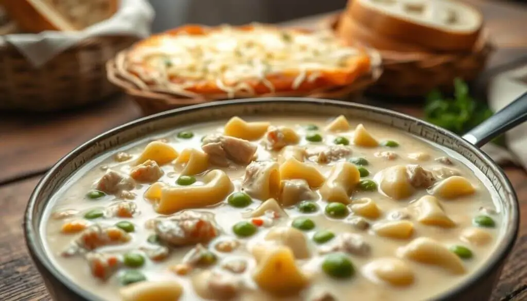 A bowl of creamy chicken noodle soup with peas and carrots, with a basket of bread and a plate of cheesy garlic bread in the background.