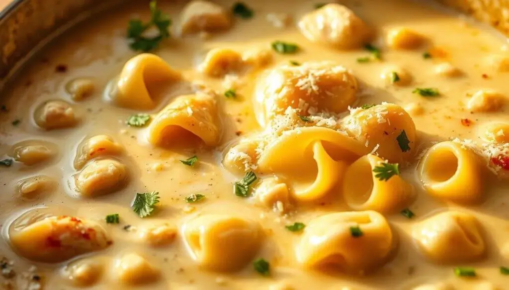 A close-up view of creamy pasta shells garnished with fresh herbs and grated cheese.