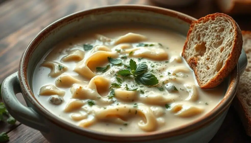 A bowl of creamy soup with noodles, garnished with fresh herbs, and a slice of bread resting on the rim of the bowl.