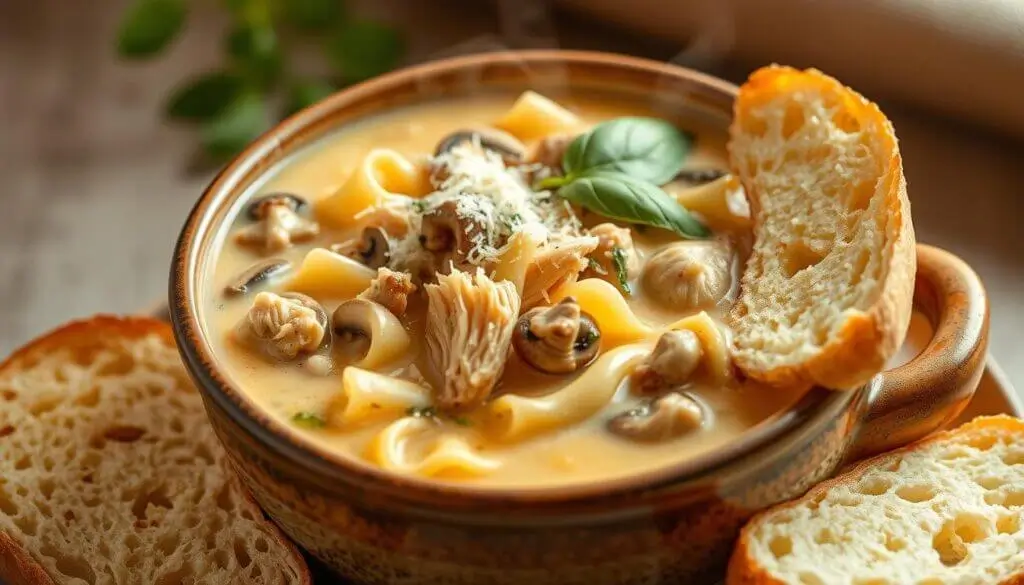 A bowl of creamy mushroom and chicken noodle soup garnished with fresh basil and grated cheese, surrounded by slices of crusty bread.