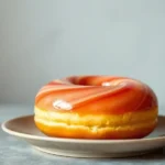 A glazed donut with a shiny, swirled orange and white icing, placed on a beige plate.