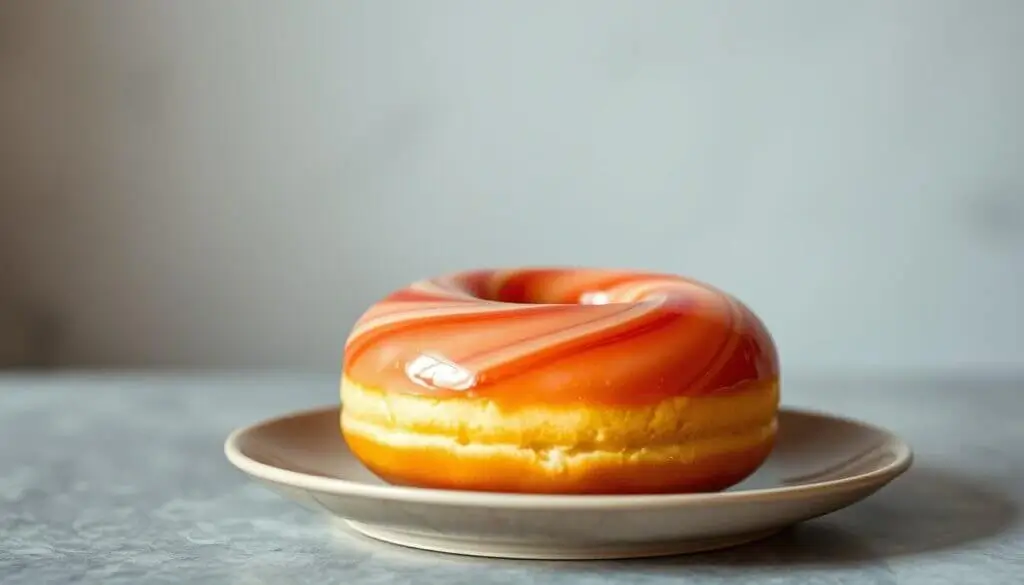 A glazed donut with a shiny, swirled orange and white icing, placed on a beige plate.