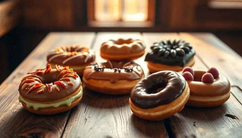 A variety of gourmet donuts arranged on a wooden table.