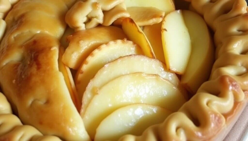 Close-up of a homemade apple pie with golden, flaky crust and fresh apple slices.