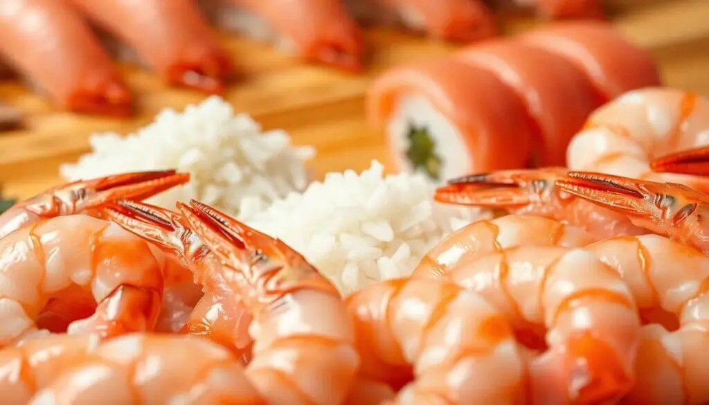 Close-up of a sushi platter featuring shrimp, rice, and sushi rolls.