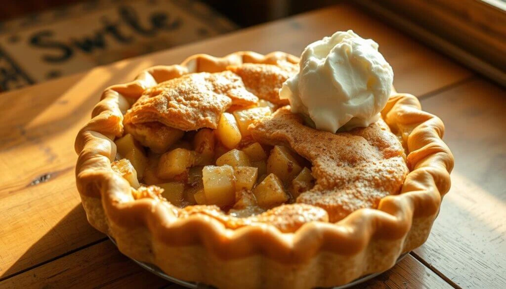 A freshly baked apple pie with a golden crust, tender apple filling, and a scoop of whipped cream on top.