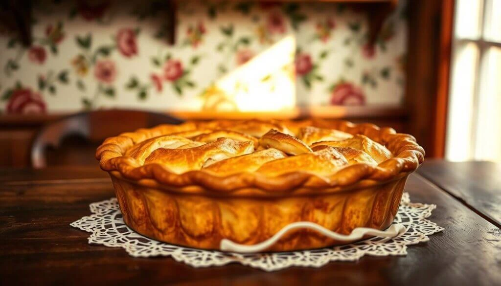 A beautifully baked apple pie with a golden, flaky crust sitting on a rustic wooden table in a cozy kitchen.