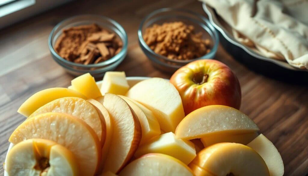 Freshly sliced apples with cinnamon and sugar in the background, ready for making an apple pie.