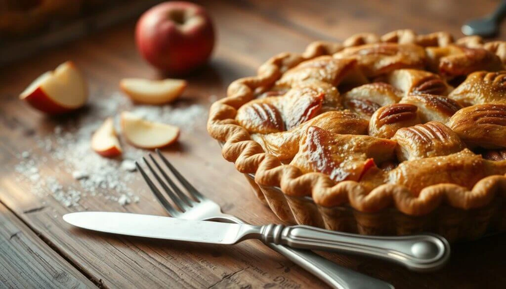 A freshly baked golden apple pie with a decorative crust, set on a rustic wooden table with sliced apples in the background.