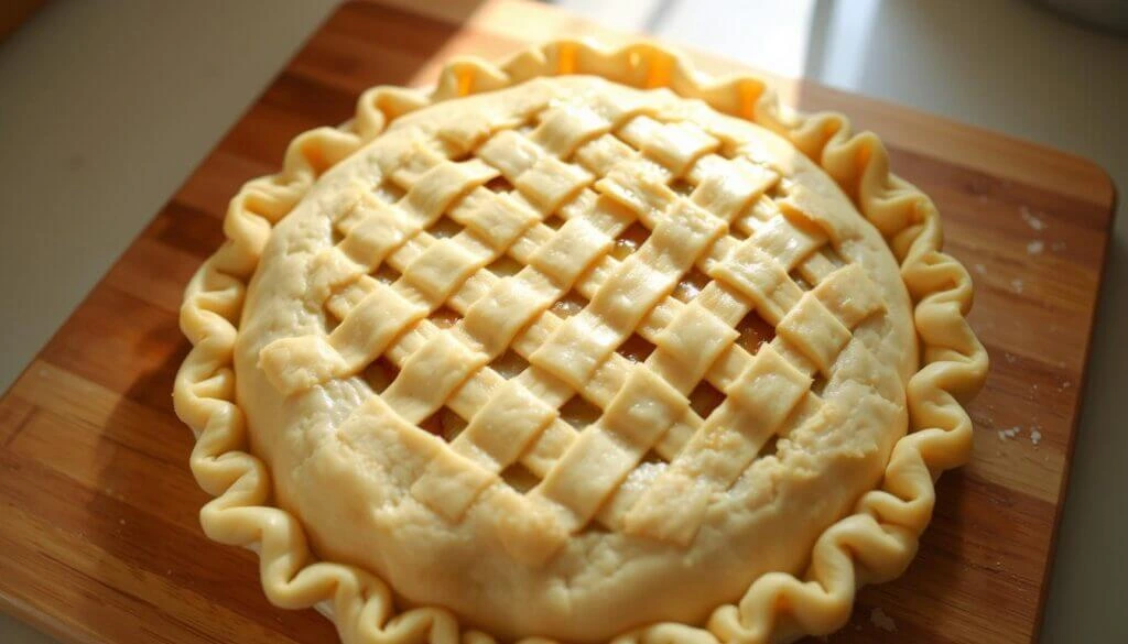 An unbaked apple pie with a beautifully crafted lattice crust, ready for the oven.