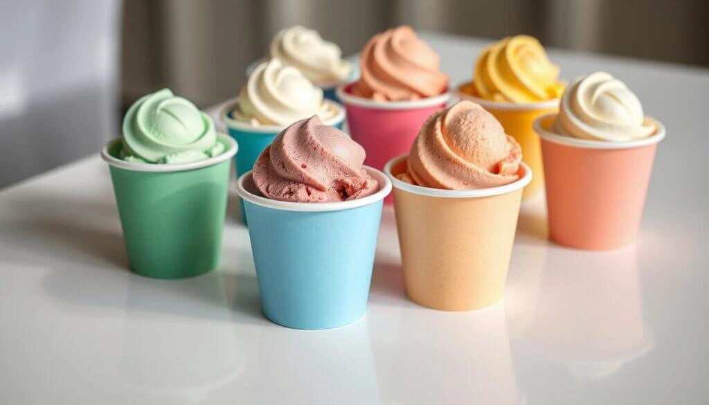 A variety of colorful soft-serve ice creams in pastel-colored cups, arranged on a white table.