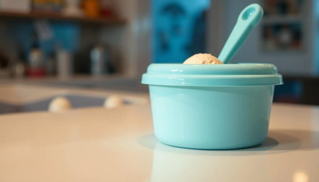 A pastel blue ice cream container with a matching spoon, holding a scoop of vanilla ice cream, placed on a white table in a cozy kitchen setting.