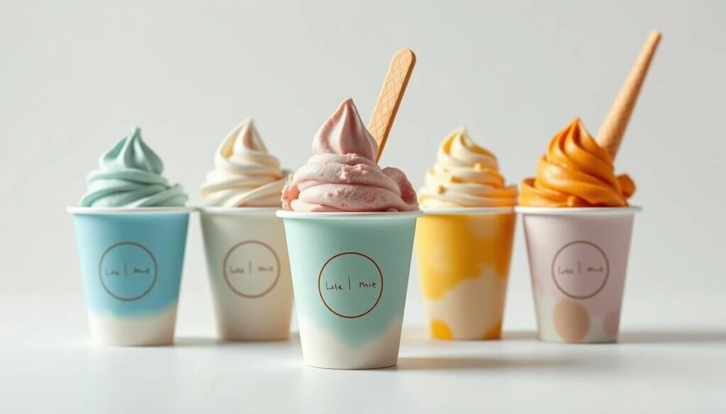 A collection of soft-serve ice cream cups in pastel shades, featuring flavors like strawberry, vanilla, mango, and mint, elegantly presented with waffle cone sticks.