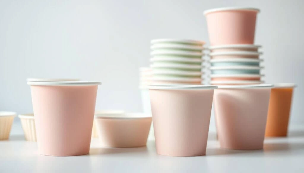 A collection of pastel-colored disposable cups and lids arranged on a white surface, with stacks of similar cups in the background.