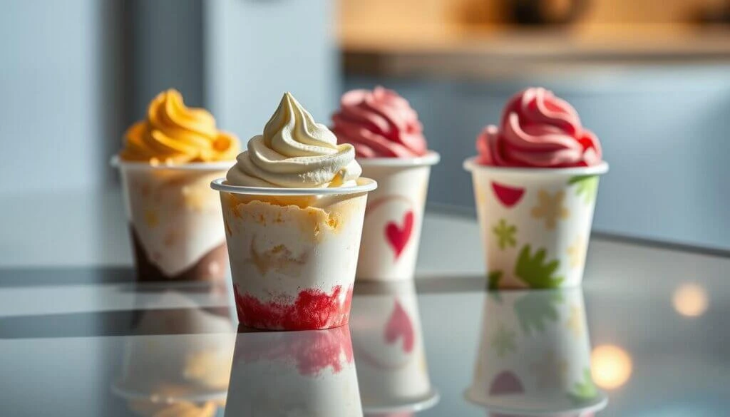 A selection of colorful soft-serve ice cream cups with different flavors, elegantly presented on a reflective glass surface.