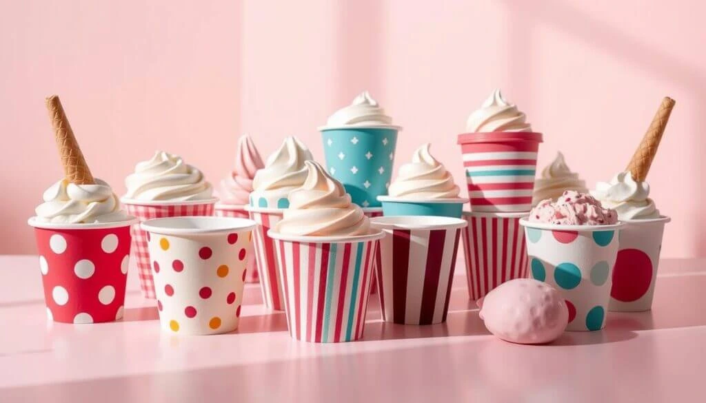 A colorful assortment of soft-serve ice cream in decorative cups with polka dot and striped patterns, set against a pastel pink background.