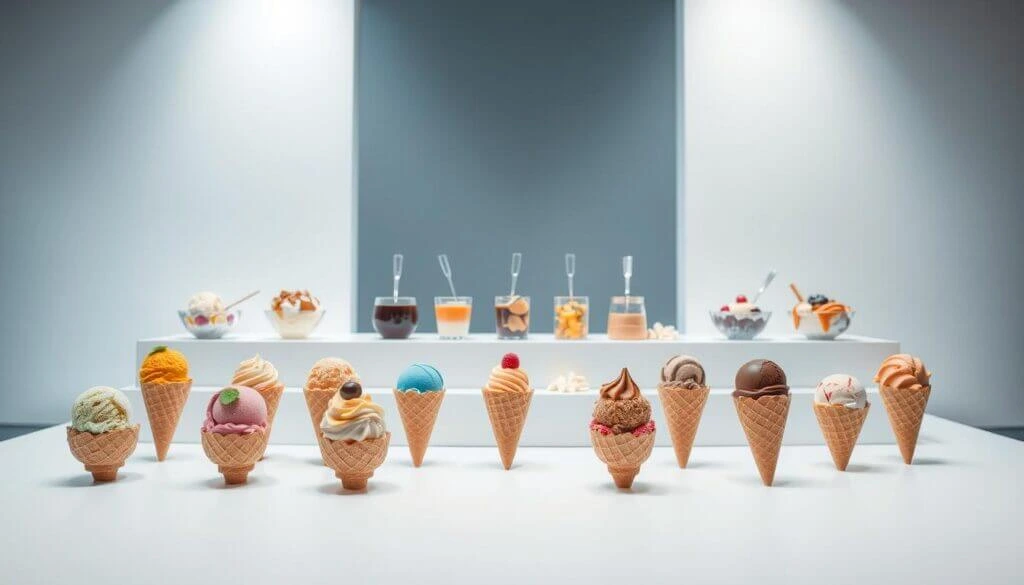 A variety of ice cream cones with different flavors and toppings arranged in a neat row, with a modern dessert station in the background.