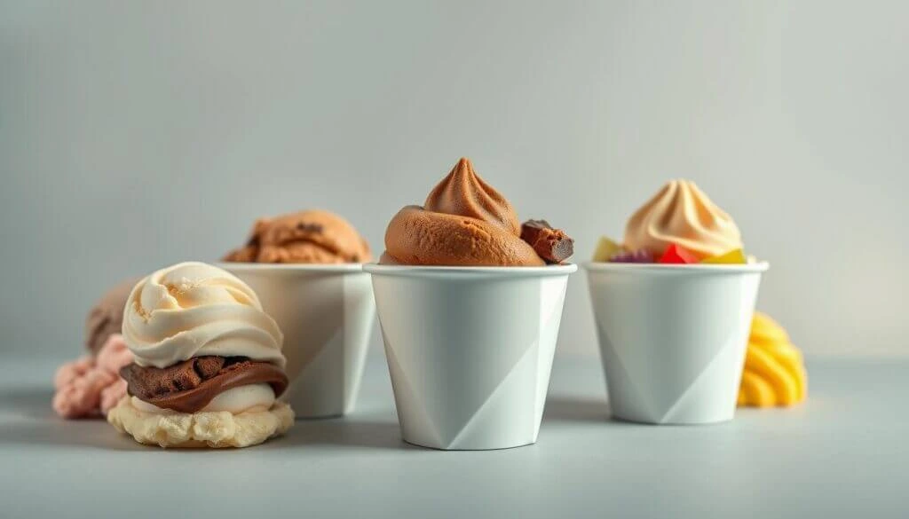 A selection of soft-serve and scooped ice cream served in minimalist white cups, accompanied by a variety of toppings and textures.