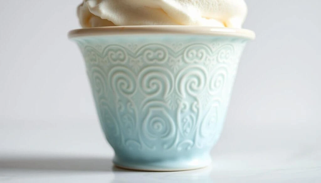 A close-up of a light blue ceramic cup with intricate swirling patterns, filled with a scoop of vanilla ice cream.