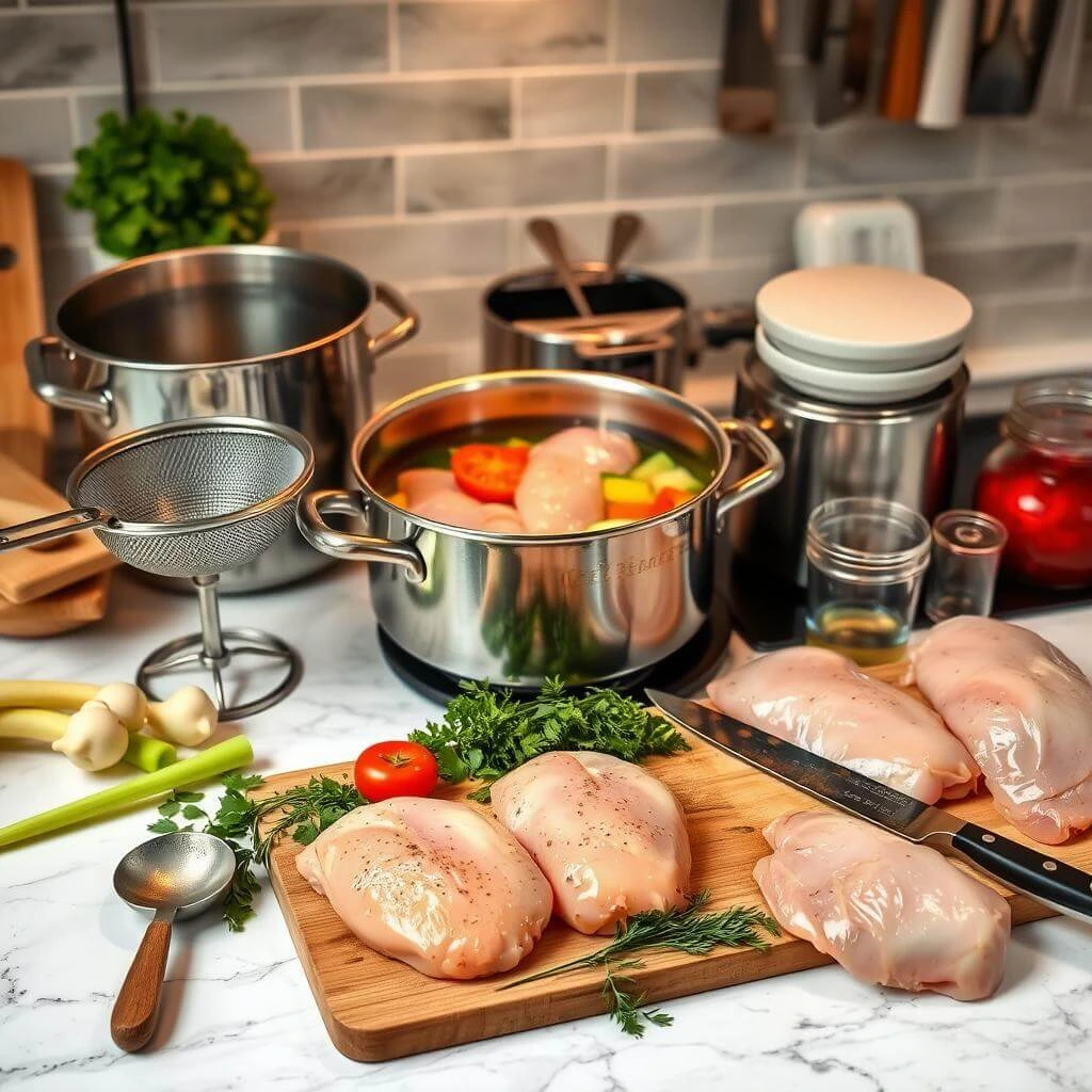 A steaming bowl of homemade chicken soup, garnished with fresh herbs.