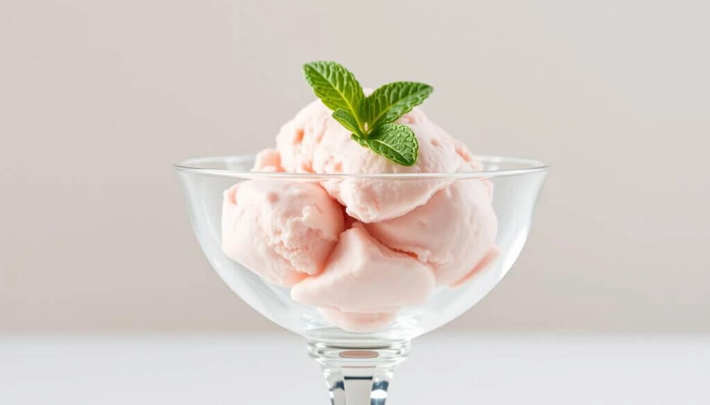 A glass dessert bowl filled with scoops of light pink ice cream, garnished with a sprig of fresh mint.