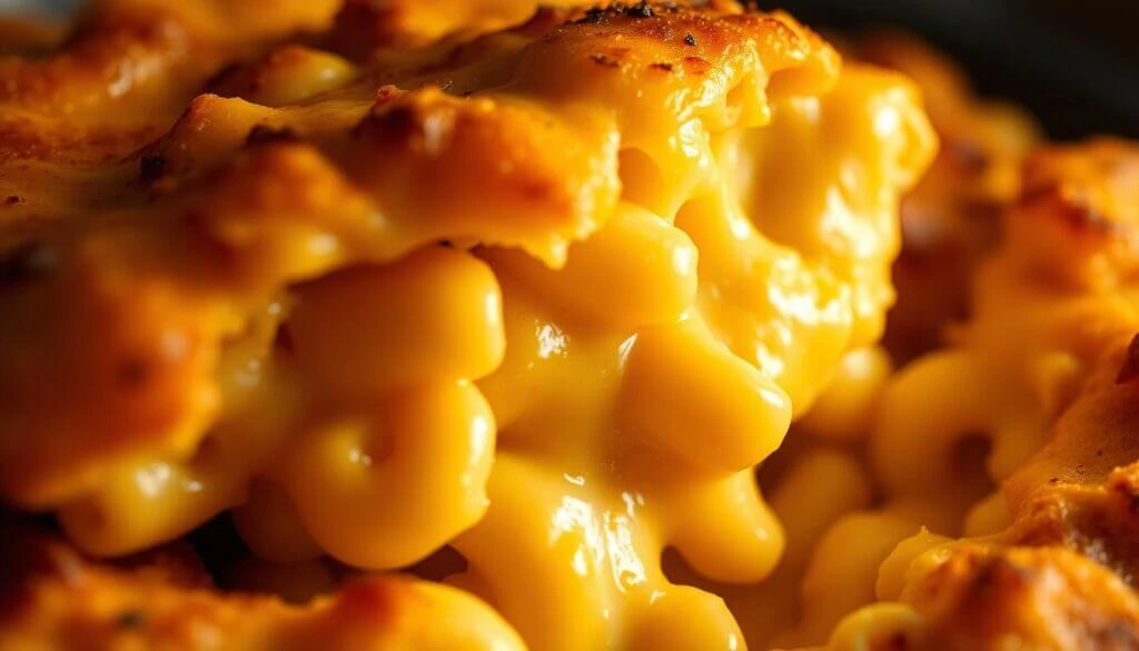 Close-up of creamy macaroni and cheese with a golden-brown crust.