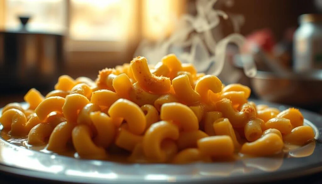 A close-up of a plate of steaming hot macaroni and cheese, with the steam visibly rising from the pasta.