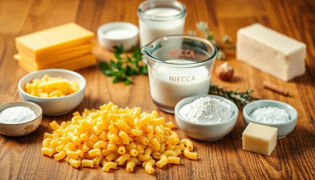 Ingredients for making macaroni and cheese, including macaroni pasta, cheese slices, milk, flour, butter, and various seasonings, arranged on a wooden surface.