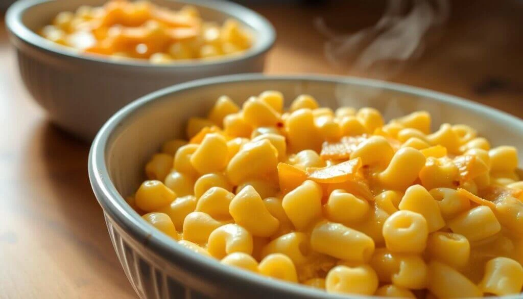 Two bowls of macaroni and cheese, with steam rising from the closer bowl, indicating that the food is hot and freshly prepared.