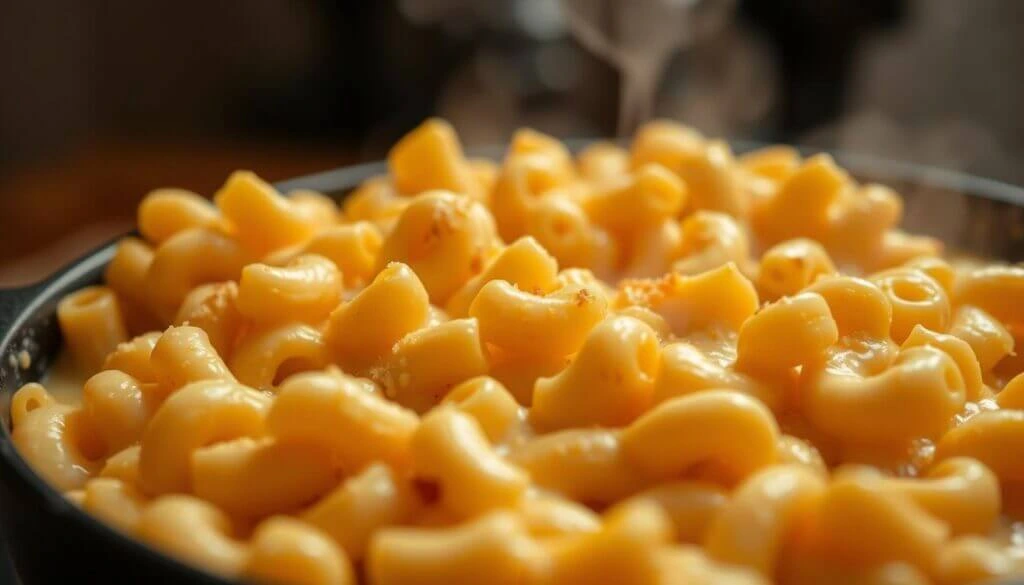 A close-up view of a bowl of creamy macaroni and cheese.