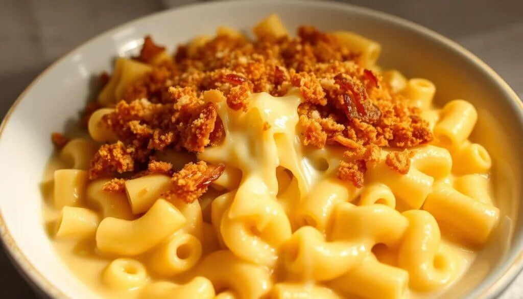 A bowl of creamy macaroni and cheese topped with crispy breadcrumbs.