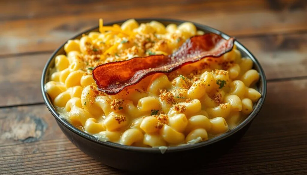 A bowl of creamy macaroni and cheese topped with a crispy strip of bacon and garnished with breadcrumbs and herbs.