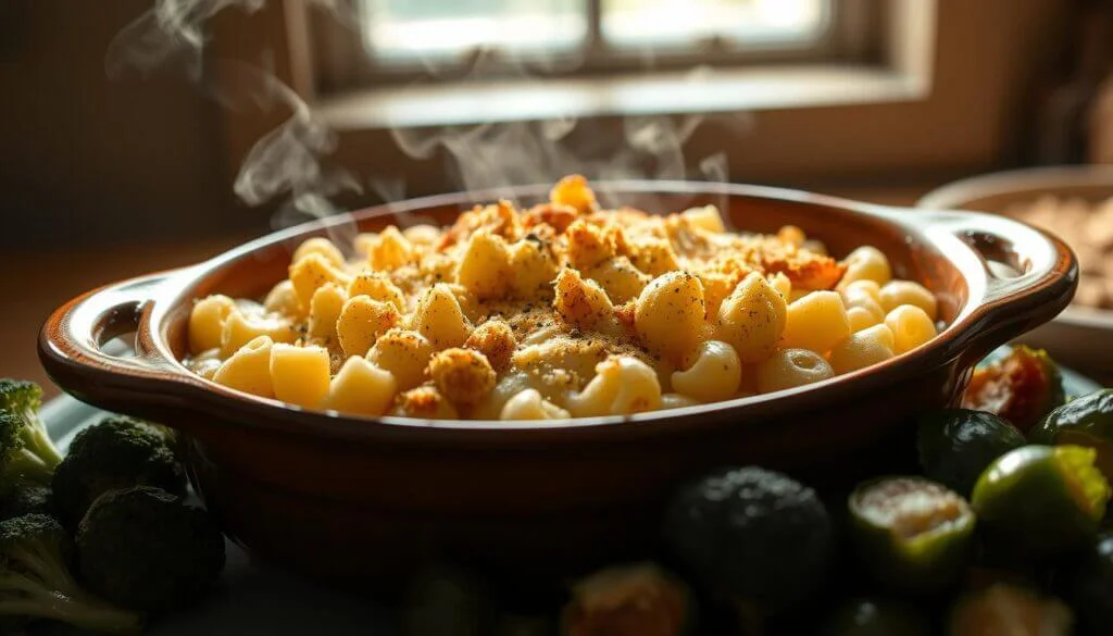 A steaming dish of baked macaroni and cheese topped with breadcrumbs, surrounded by fresh broccoli and Brussels sprouts.