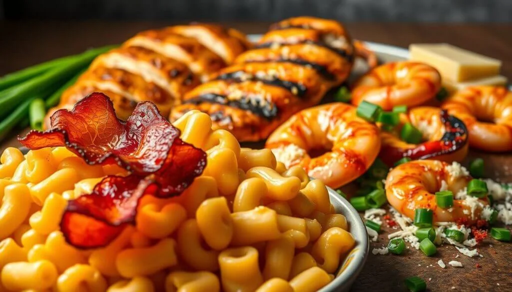 A close-up of a plate featuring macaroni and cheese topped with crispy bacon, grilled shrimp garnished with green onions and grated cheese, and slices of grilled chicken breast.