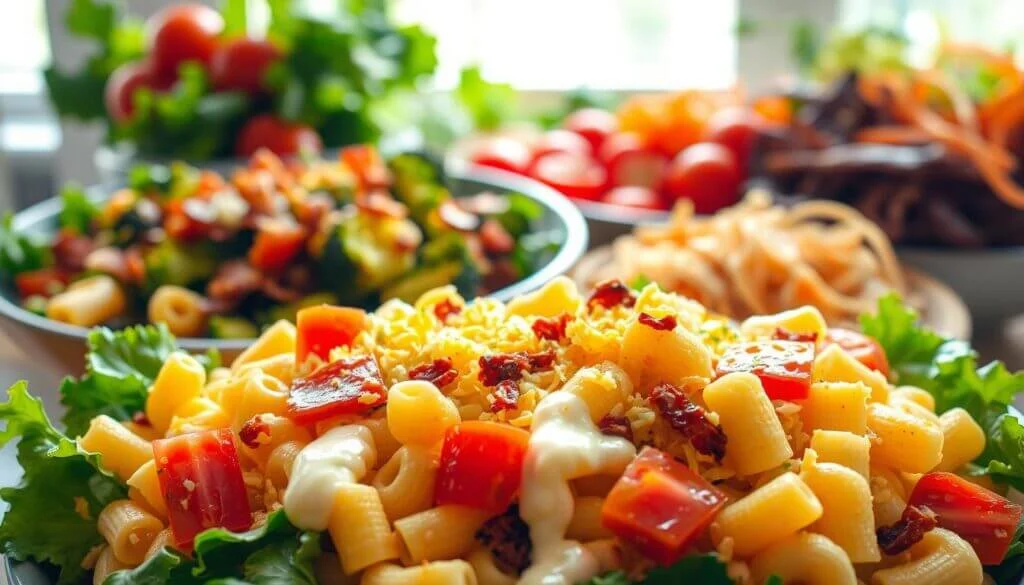 A close-up of a colorful pasta salad with various fresh ingredients.