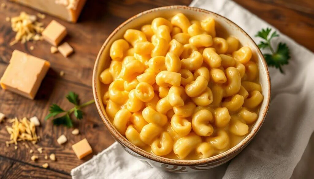 A bowl of creamy macaroni and cheese with elbow pasta, served on a rustic wooden table with cheddar cheese cubes and shredded cheese scattered around.