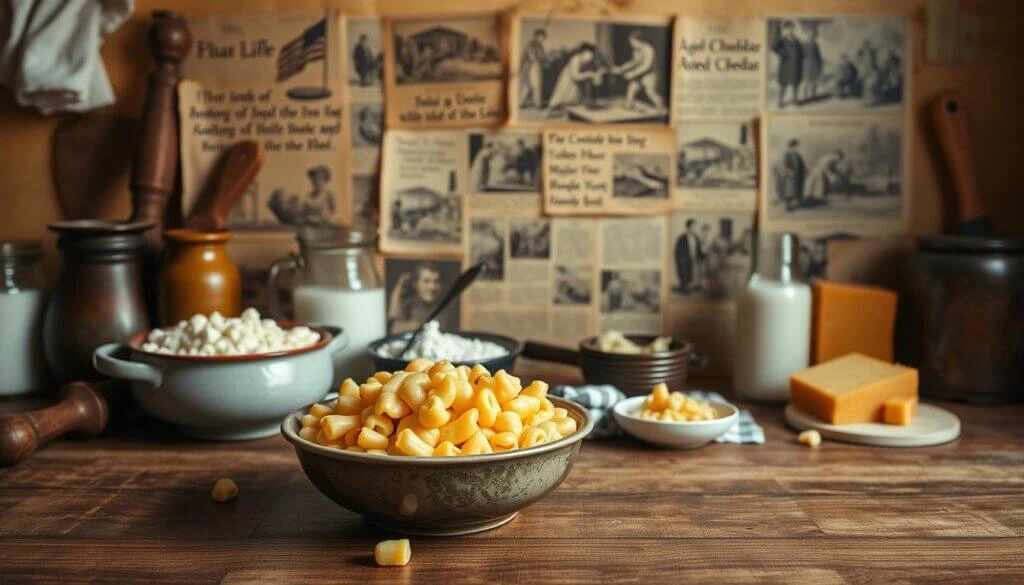  A vintage-inspired kitchen scene featuring a bowl of uncooked macaroni pasta, surrounded by cheese, milk, and rustic cookware, with old newspaper clippings on the wooden wall.